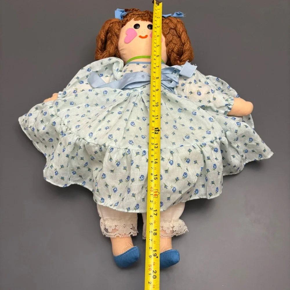 Vintage Handmade Cloth Doll Rag Doll Folk Art Blue Dress Slip Bloomers Yarn Hair